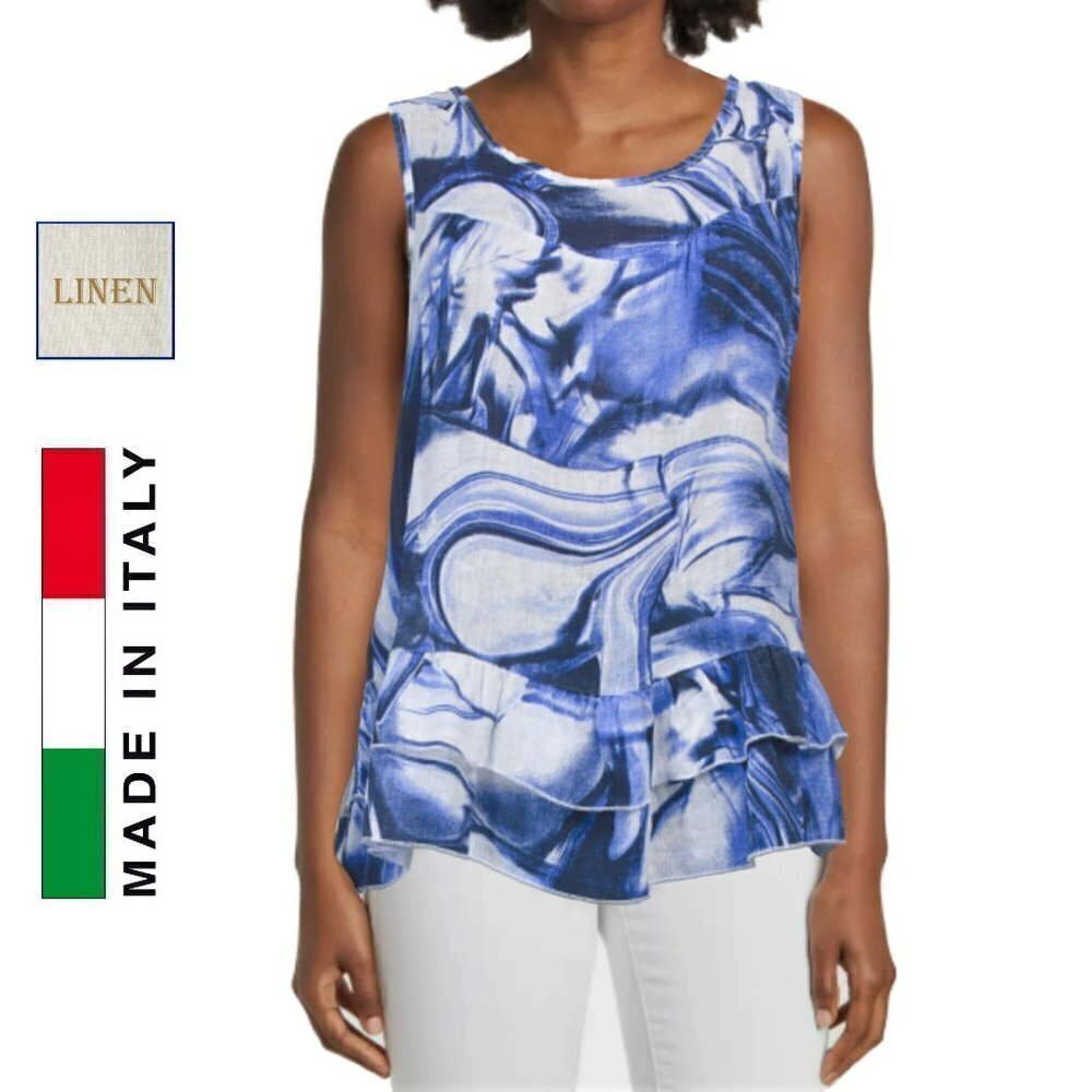 NWT PIAZZA DEL TEMPIO Italian Linen Abstract Print Tiered Blouse Top